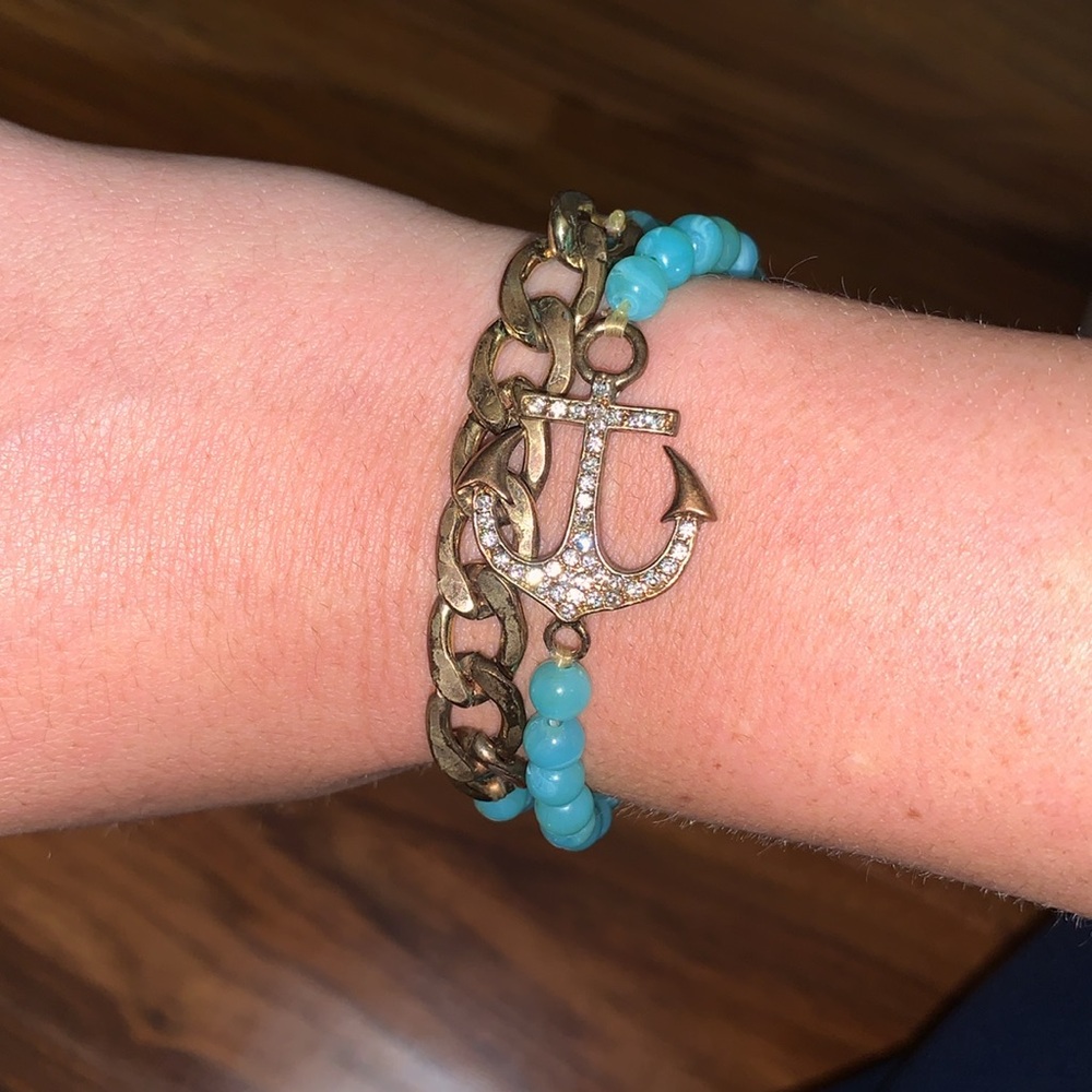 2 bracelets teal beaded with gold anchor